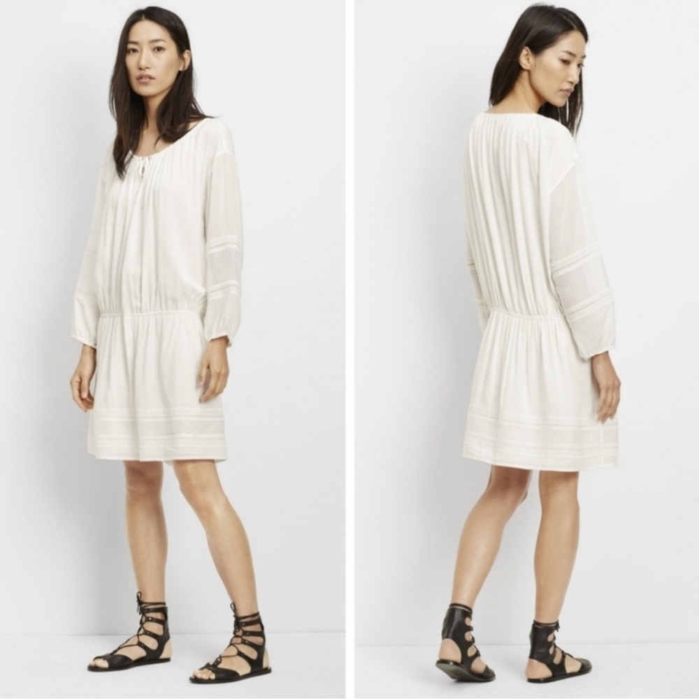 VINCE. Lace Inset White Embroidered Drawstring Tunic Dress Size Small